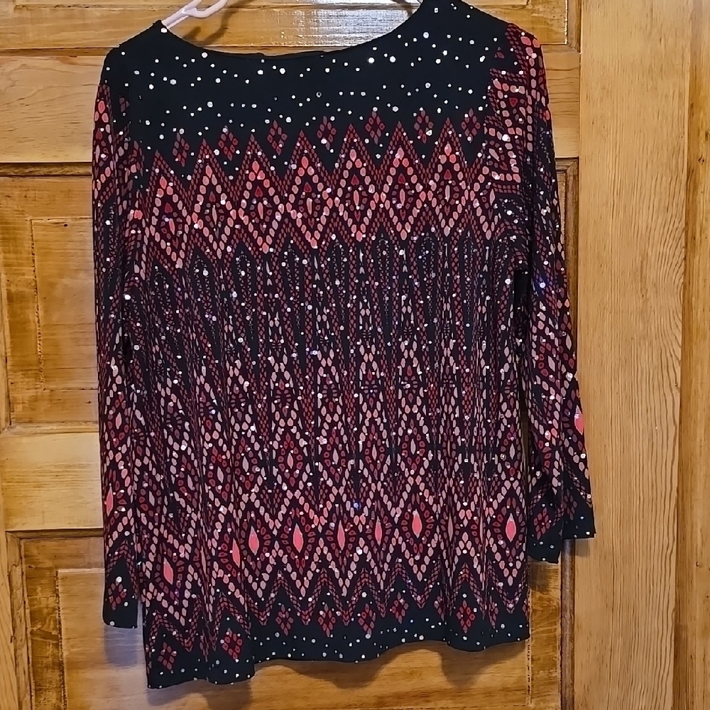 Bob Mackie Sequined Wearable Art 3/4 Sleeve Blouse in Black and Pink M - Picture 3 of 4